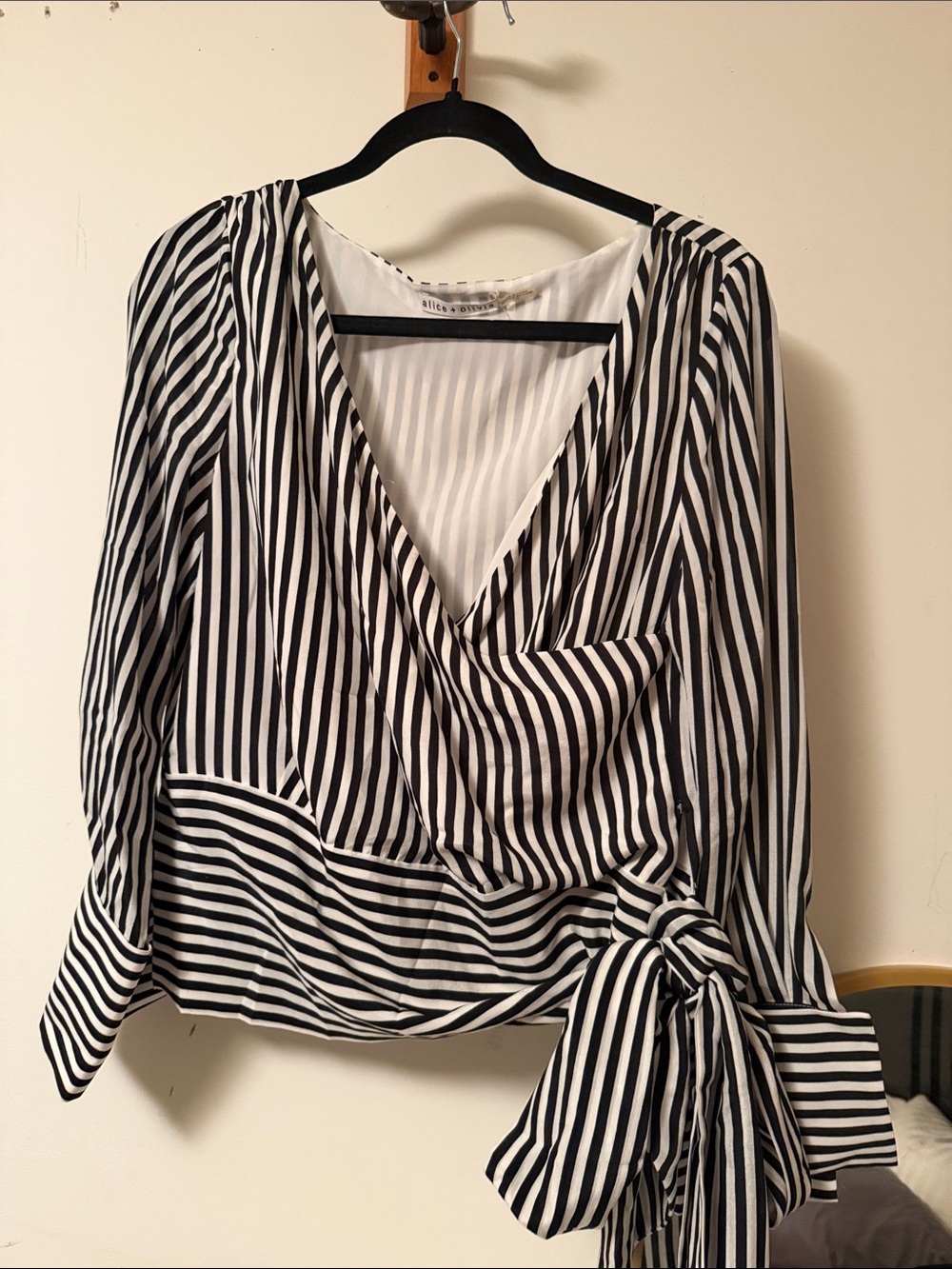 Alice + Olivia Black and White Striped Wrap Blouse with Side Tie